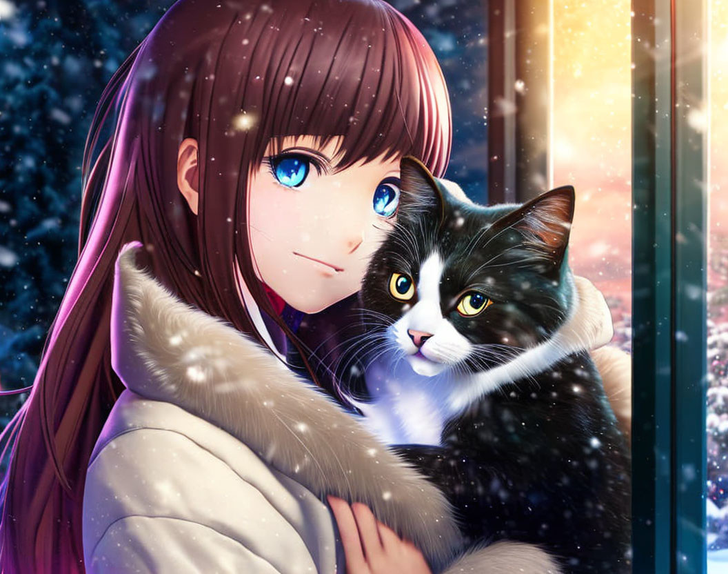 Blue-eyed anime girl with black and white cat in snowy night scene