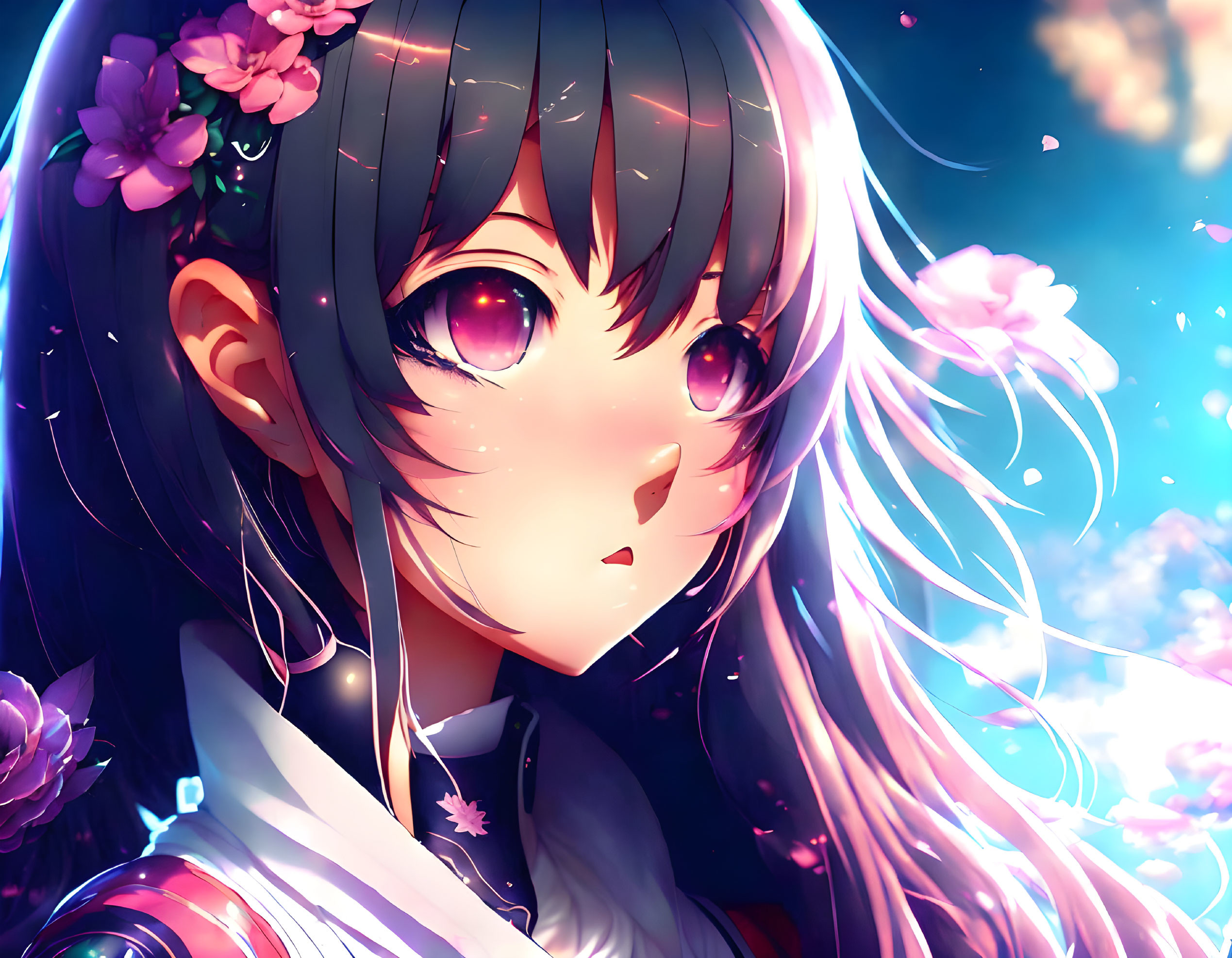 Anime Girl with Dark Hair and Purple Eyes Surrounded by Pink Flowers on Blue Background