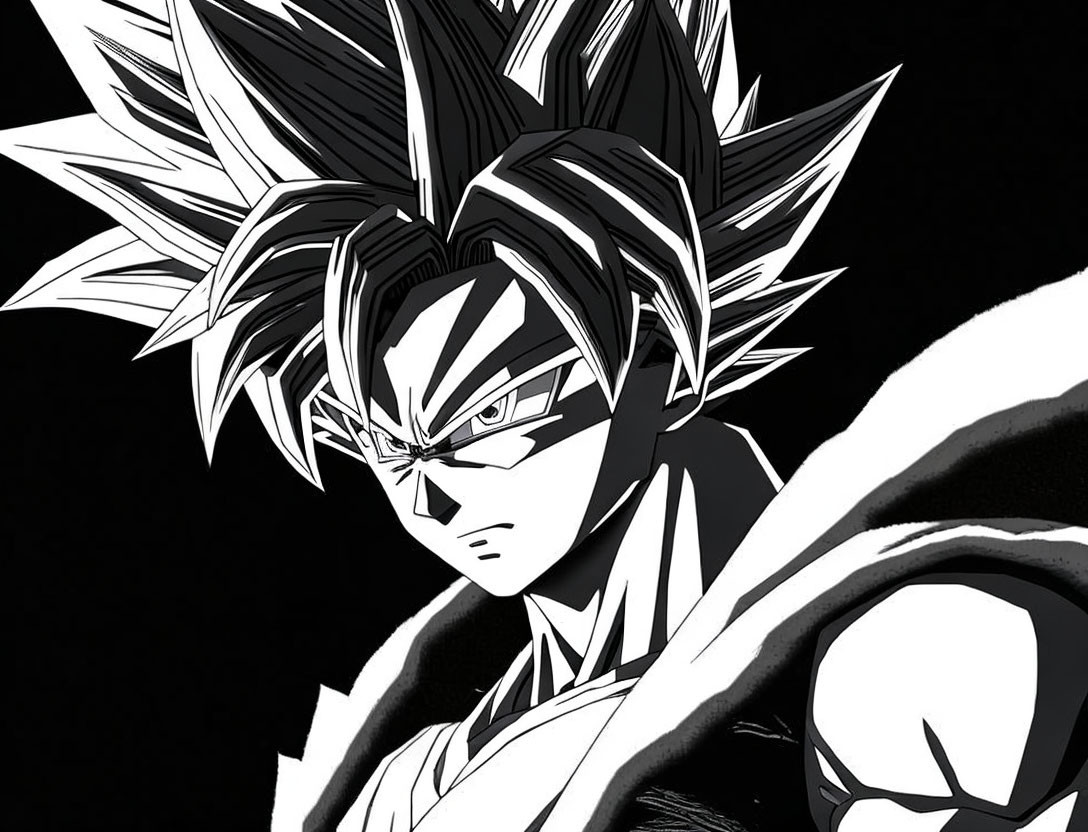 Detailed Monochrome Anime Character Illustration with Spiky Hair and Intense Expression