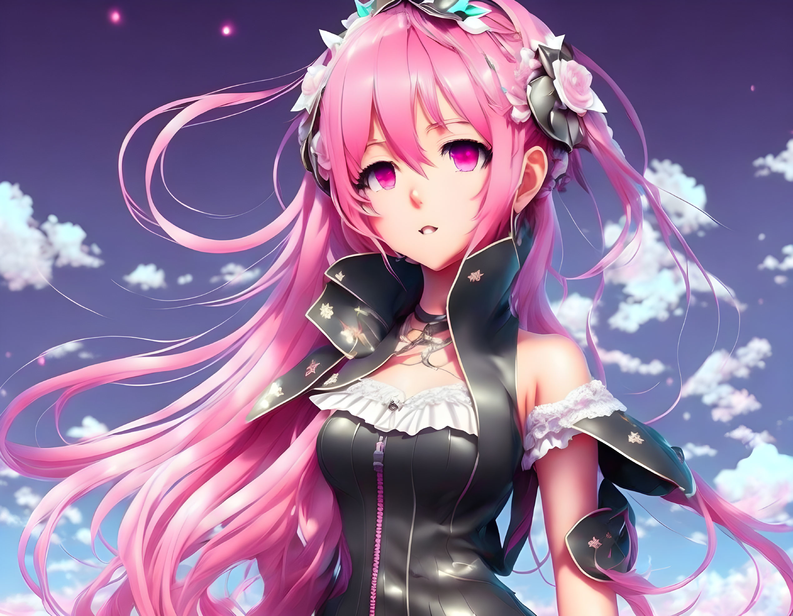 Pink-haired anime girl with floral accessory and star motifs under cloudy sky