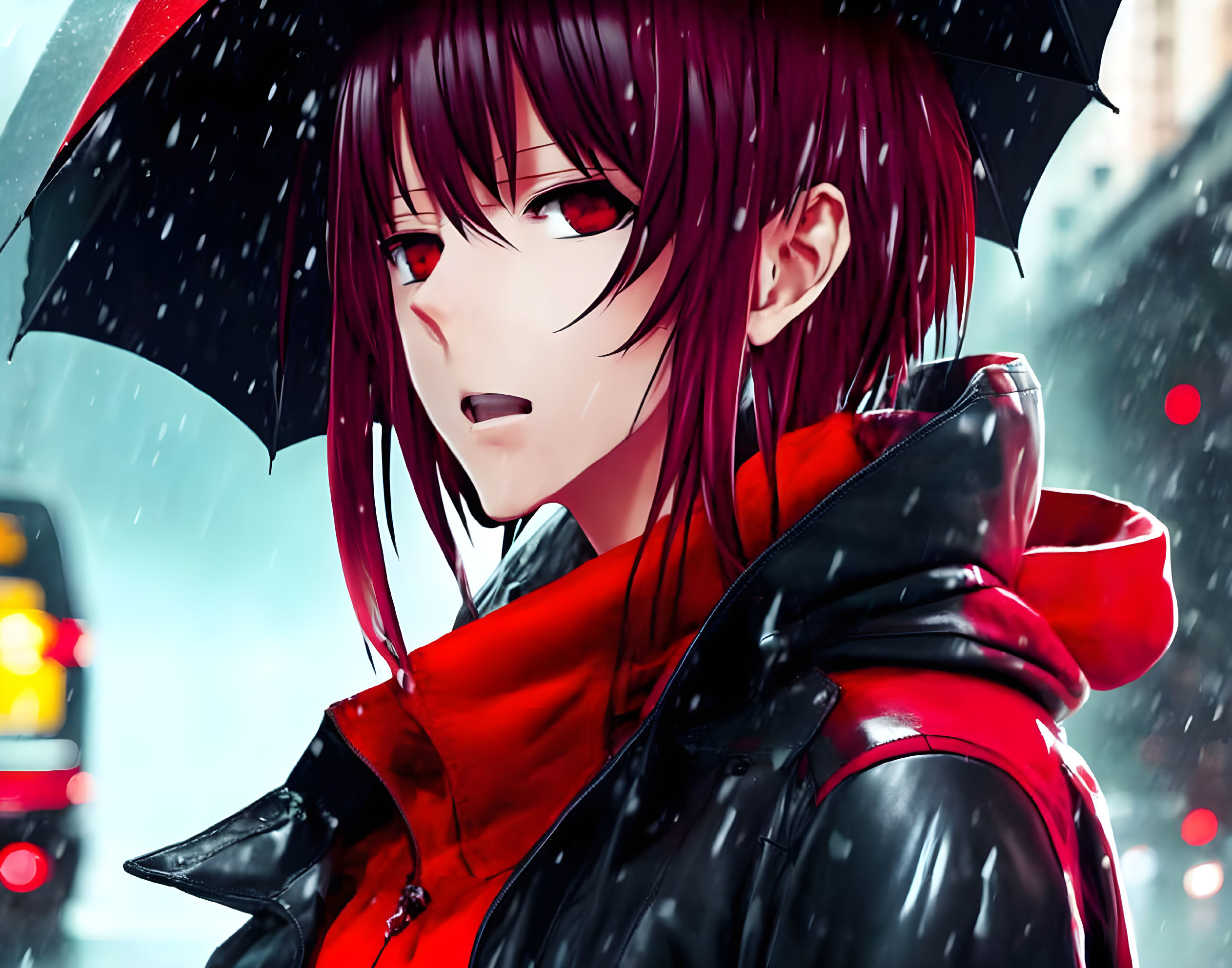 Anime character with red eyes and hair holding black umbrella in city rain scene