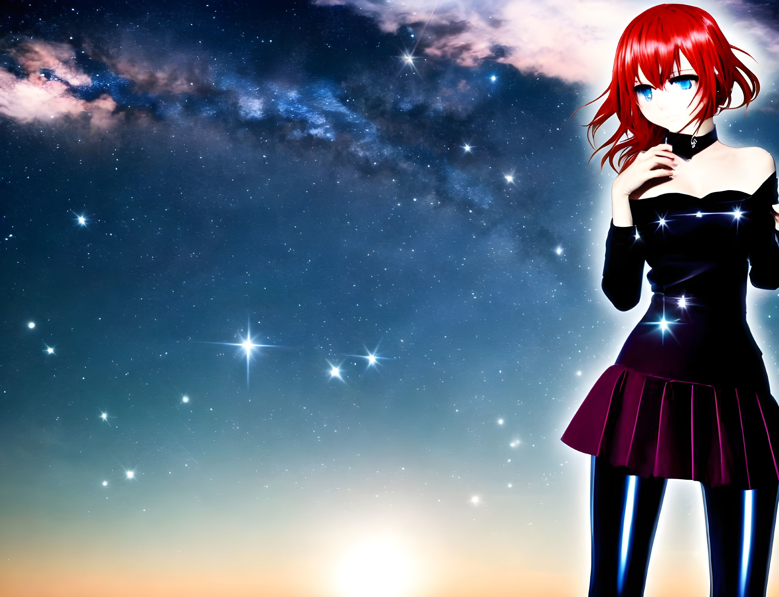 Stylized animated female character with red hair in black dress against starry sky and cosmic body.