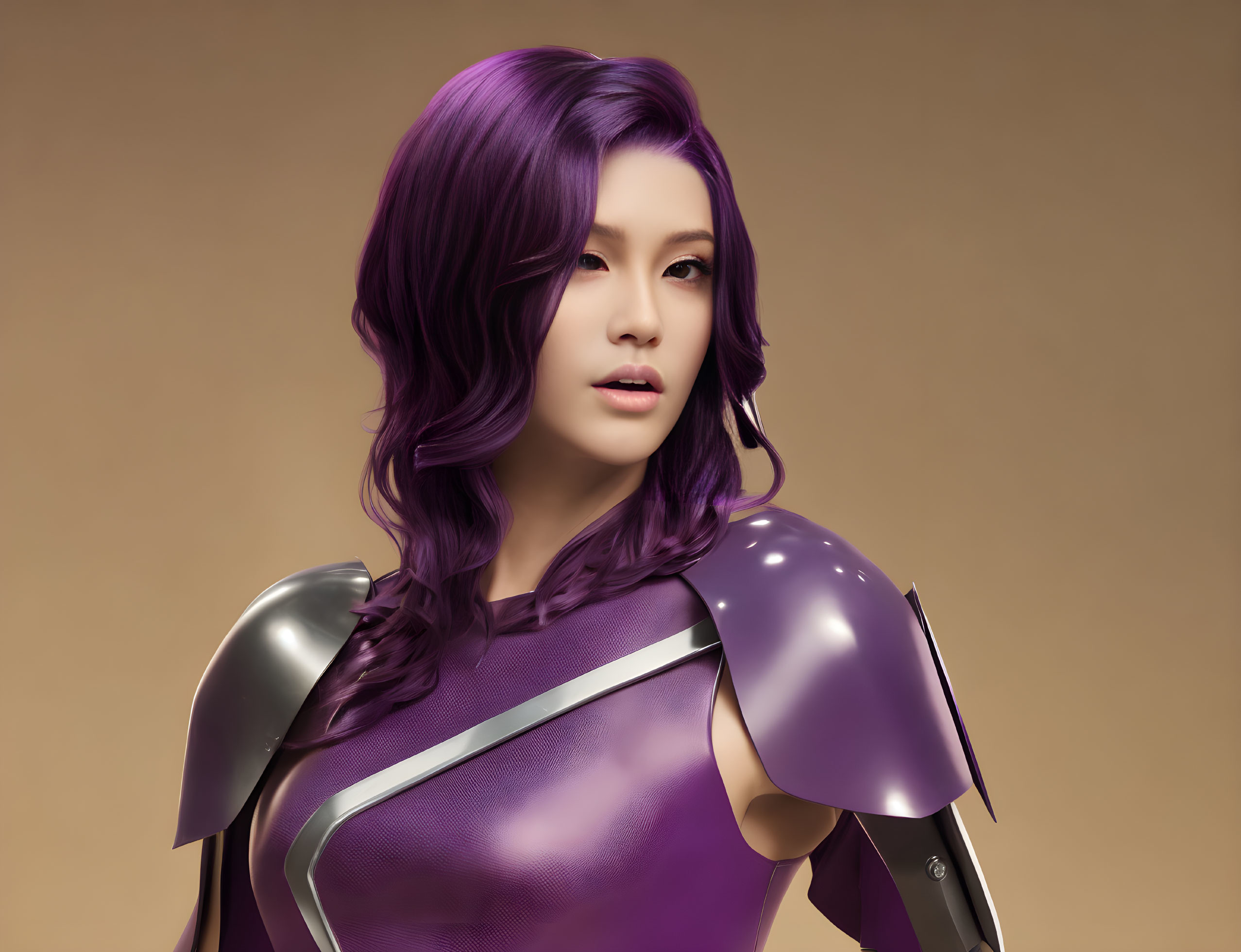 Digital artwork: Woman with purple hair in futuristic armor with silver shoulder pads on beige background