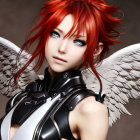 Red-Haired Female Character with White Wings in Black Armor on Brown Background