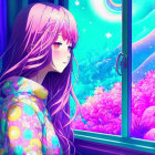 Vibrant anime girl with purple hair in fantasy nightscape