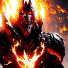 Fiery demonic creature with red face and flaming eyes in dark armor