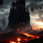 Dystopian landscape with towering castle, lava flows, floating structures