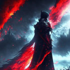 Mysterious cloaked figure in front of fiery landscape with dark castle silhouette