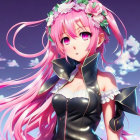 Pink-haired anime girl with floral accessory and star motifs under cloudy sky