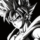 Detailed Monochrome Anime Character Illustration with Spiky Hair and Intense Expression