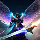 Figure in black armor with glowing sword and wings against dramatic sky.