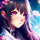 Anime Girl with Dark Hair and Purple Eyes Surrounded by Pink Flowers on Blue Background