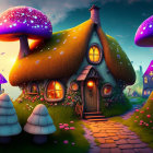 Fantasy landscape with glowing mushroom house and luminescent mushrooms at dusk