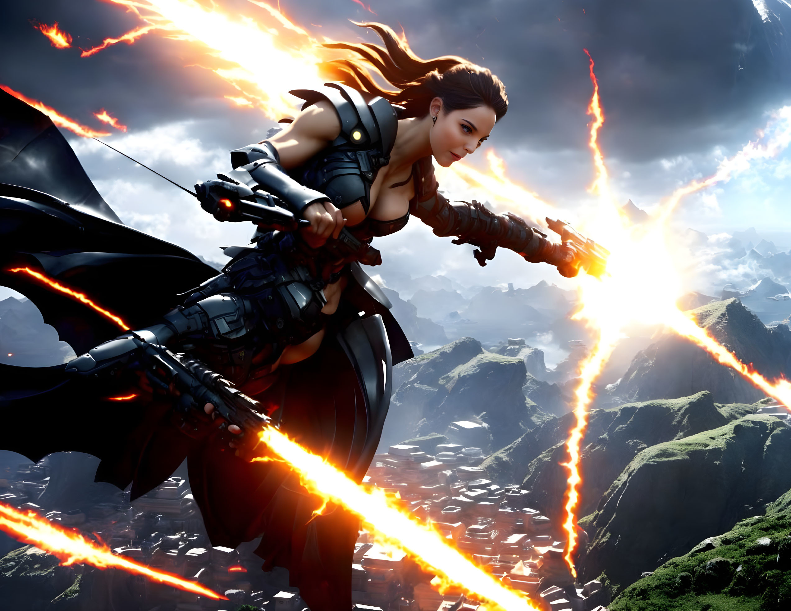 Female warrior in mechanical wing suit fires beam weapon over mountainous terrain.