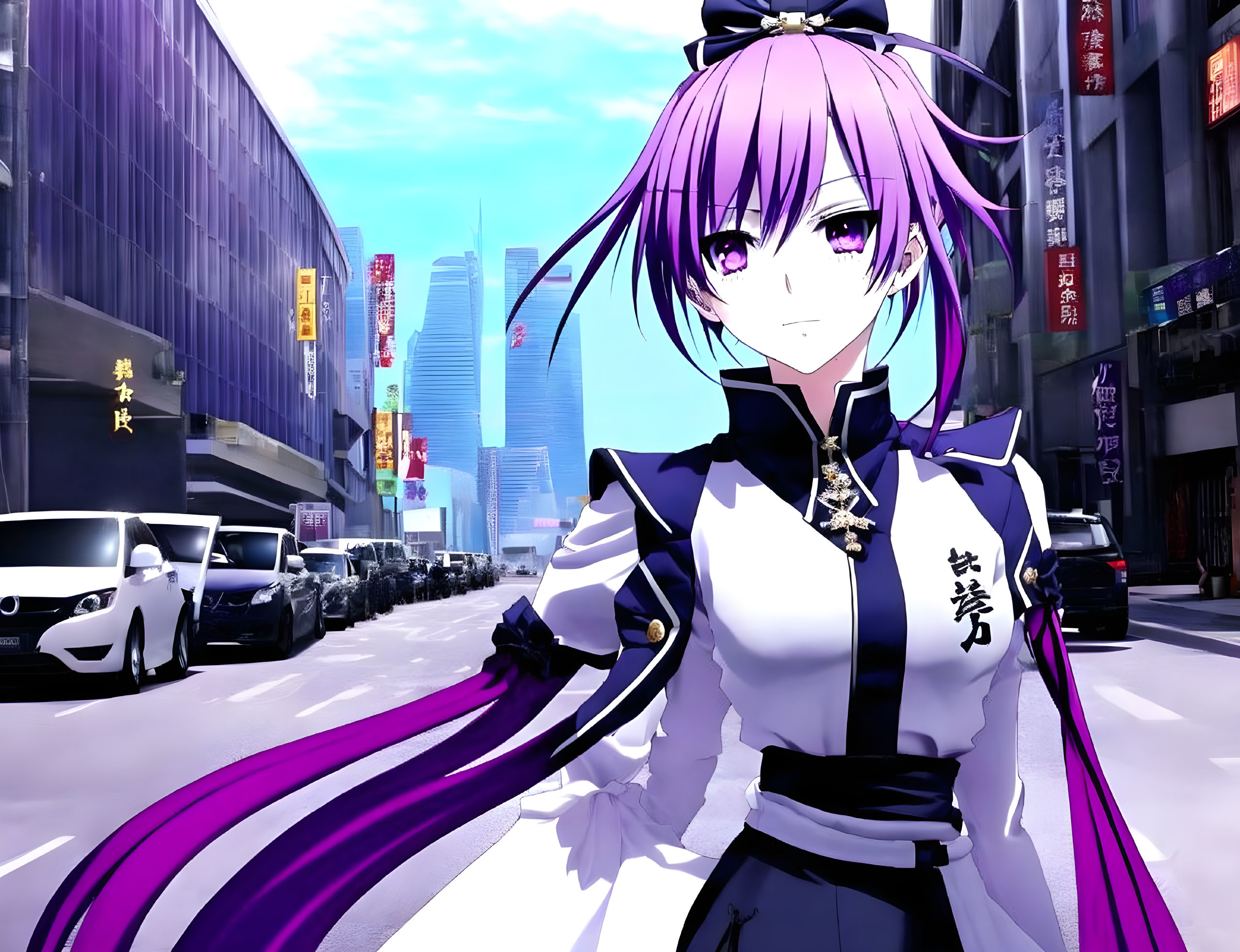 Anime-style character with pink hair and purple eyes in black and white uniform amidst vibrant cityscape.