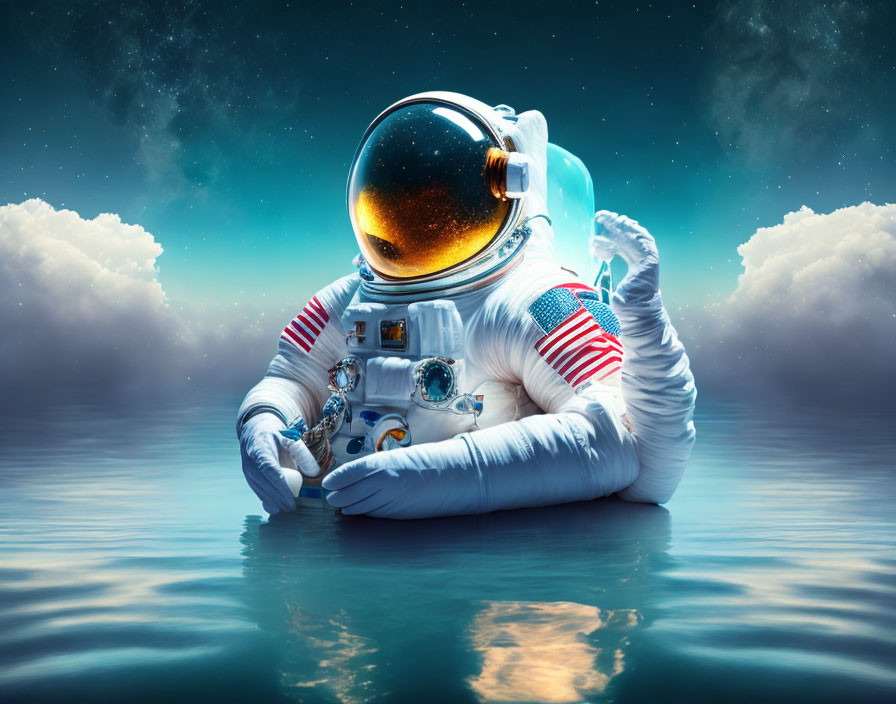 Astronaut in reflective helmet submerged in water with starry sky background
