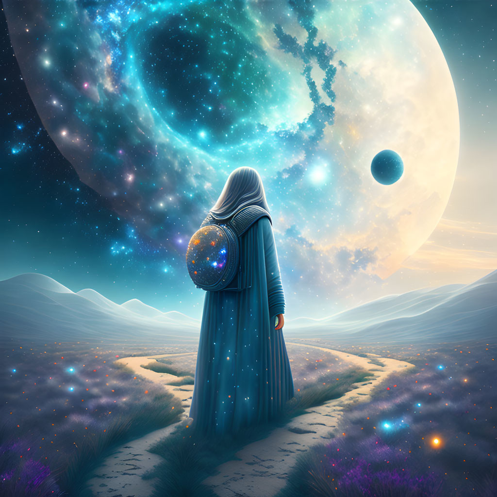 Robed Figure Holding Cosmic Sphere in Celestial Landscape