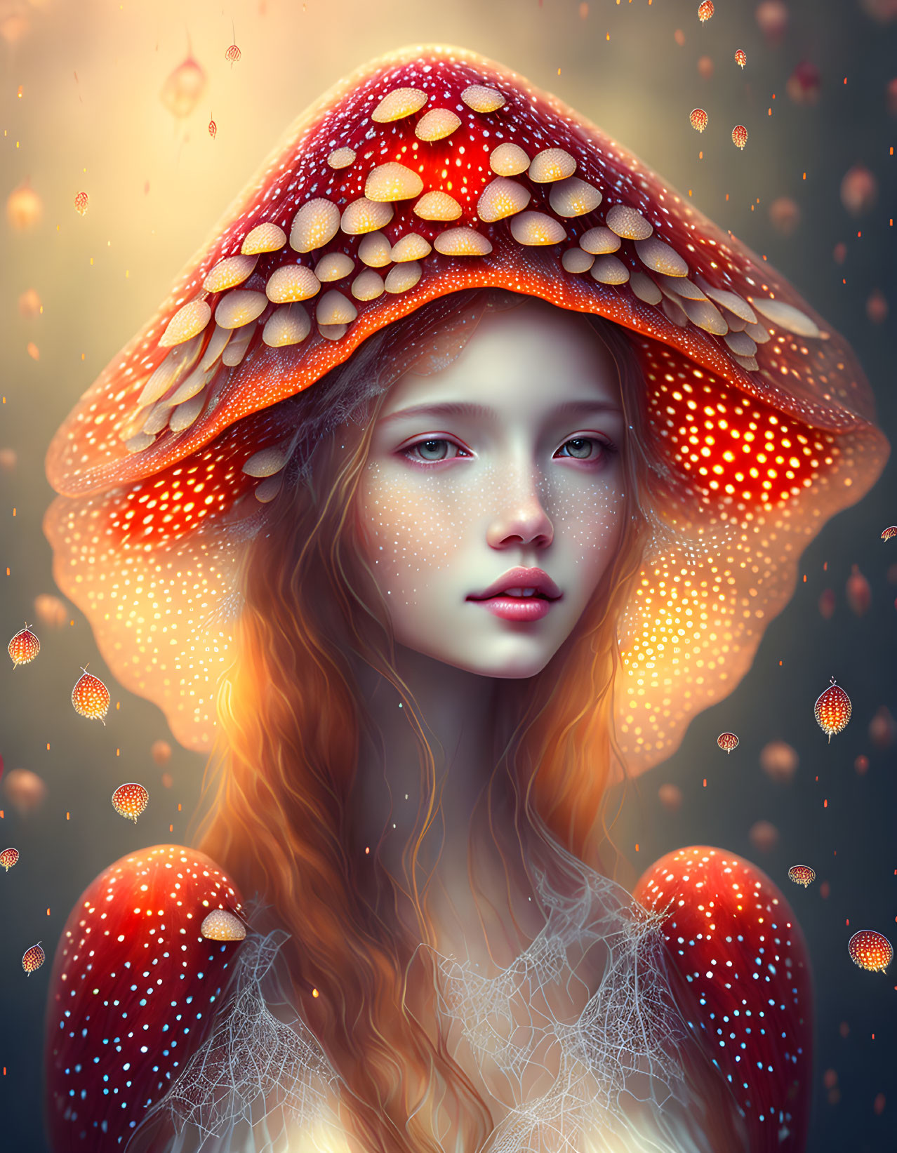 Surreal portrait of woman with mushroom cap hat in glowing amber backdrop