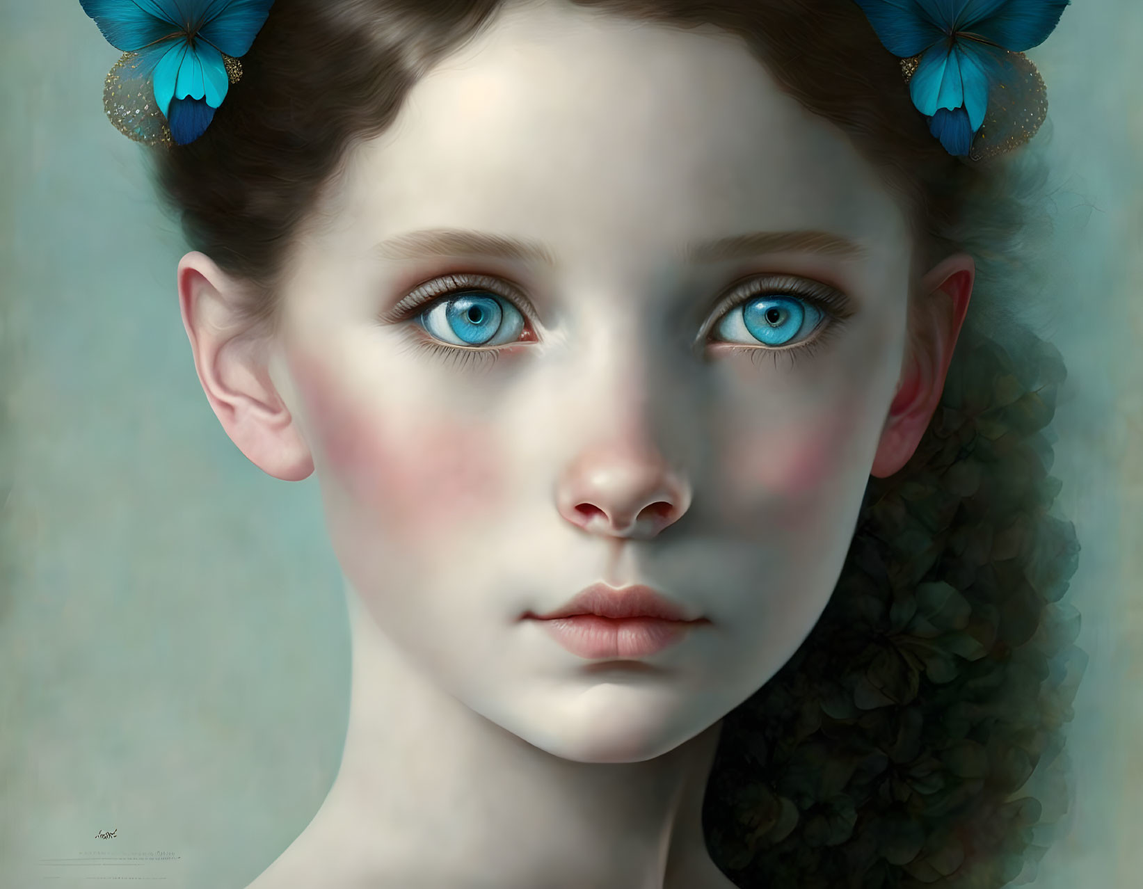 Young girl digital portrait with blue eyes, rosy cheeks, and curly hair adorned with blue butterflies