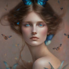 Woman with Wavy Hair and Blue Butterflies on Muted Background