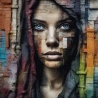 Colorful mural of a woman with piercing blue eyes on textured brick wall