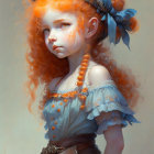 Digital painting: Young girl with bright orange hair, melancholic expression, vintage blue dress with pearls and