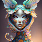 Colorful digital artwork of a fantastical female figure with butterfly wings and ornate patterns