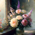 Pink and Cream Peonies Bouquet in Glass Vase by Window