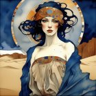 Art Nouveau Woman in Flowing Blue Robes & Ornate Headpiece on Stylized Landscape