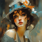 Woman with expressive eyes and stylish hat in warm colors & painterly texture