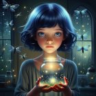 Child with Blue Hair Holding Glowing Jar Surrounded by Dragonflies