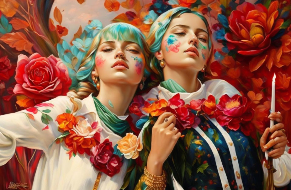 Two women with floral patterns on faces against vibrant rose backdrop