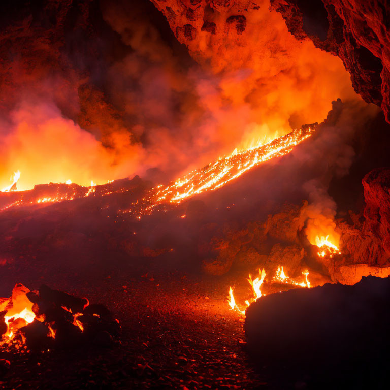 Vivid lava flows in cave with orange and yellow flames