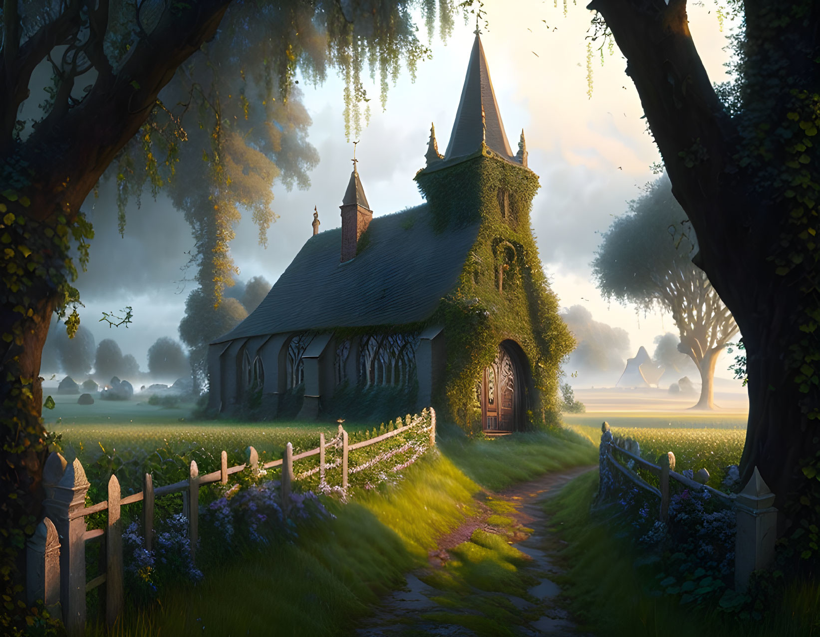 Old church in lush greenery with tranquil path at sunrise