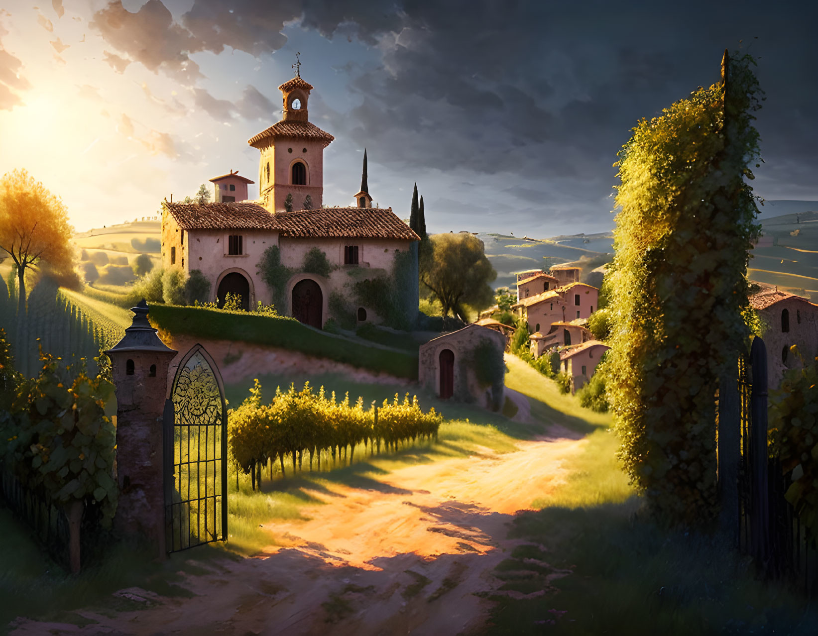 Picturesque Tuscan villa at sunset with bell tower, vineyards, cypress trees, iron gate