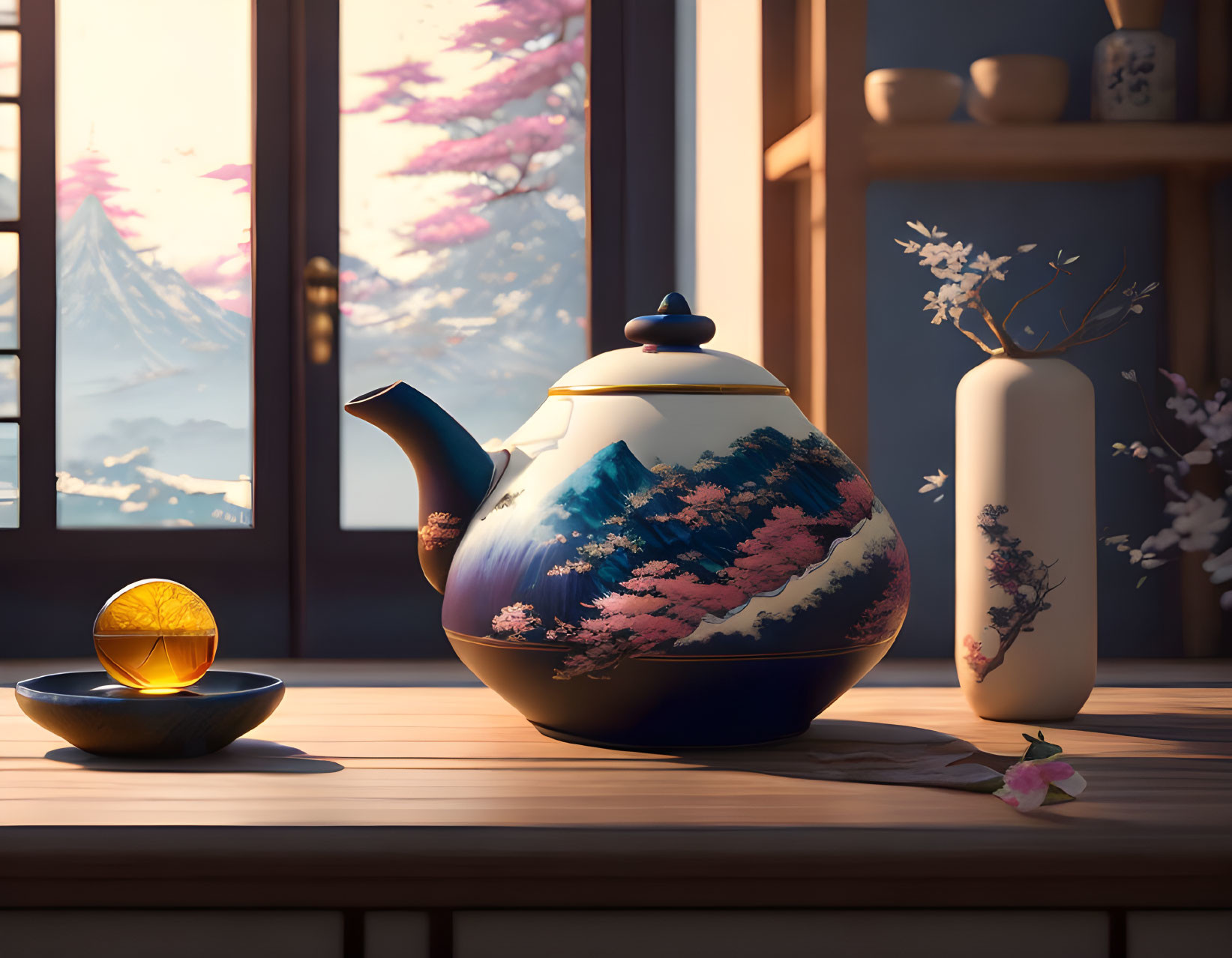 Traditional teapot, cup, vase, cherry blossoms, Mount Fuji view