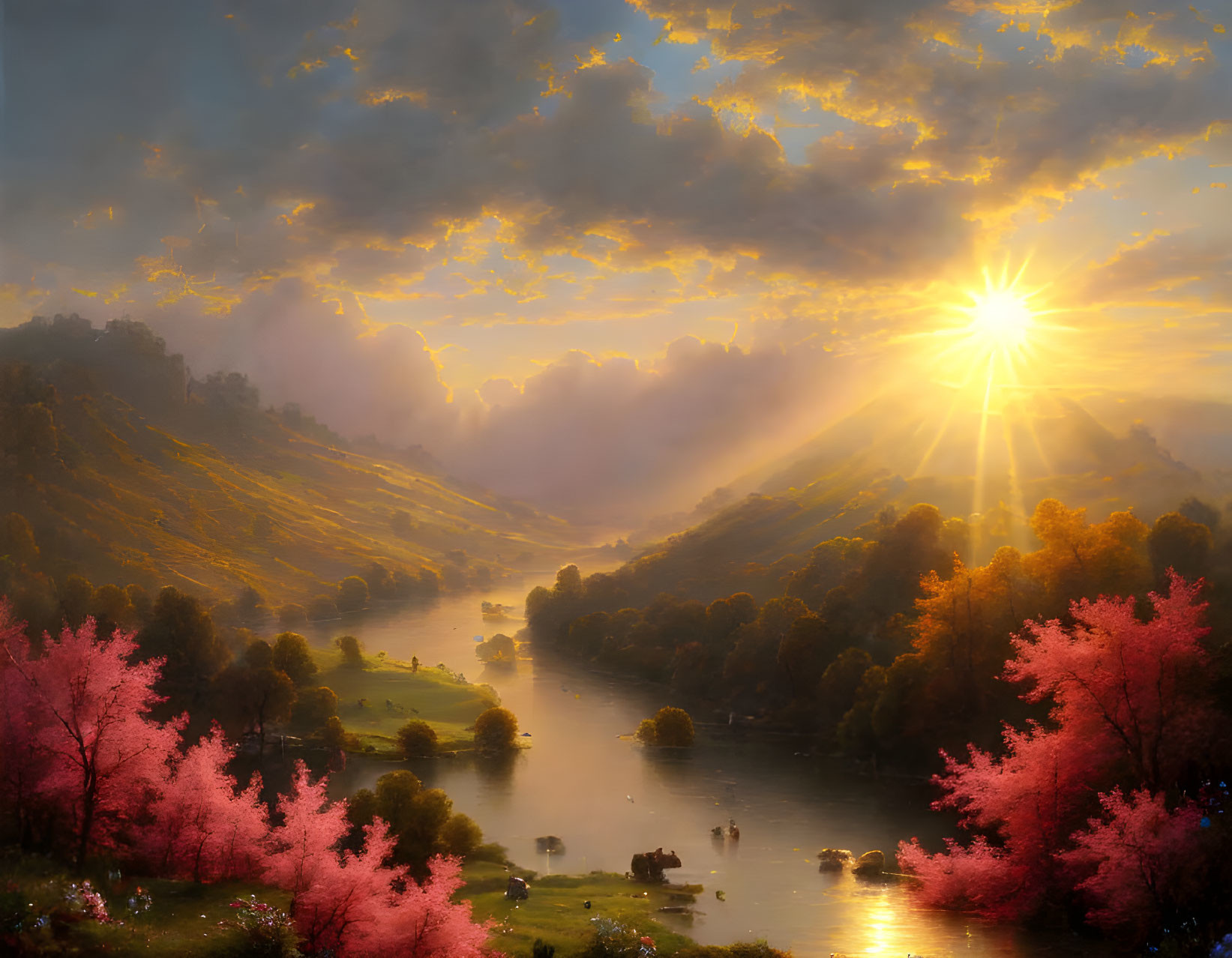 Picturesque sunset over valley with river, grazing cattle, pink trees, and radiant clouds.