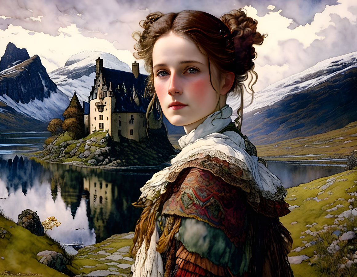 Digital artwork: Young woman in historical clothing against fantasy castle backdrop