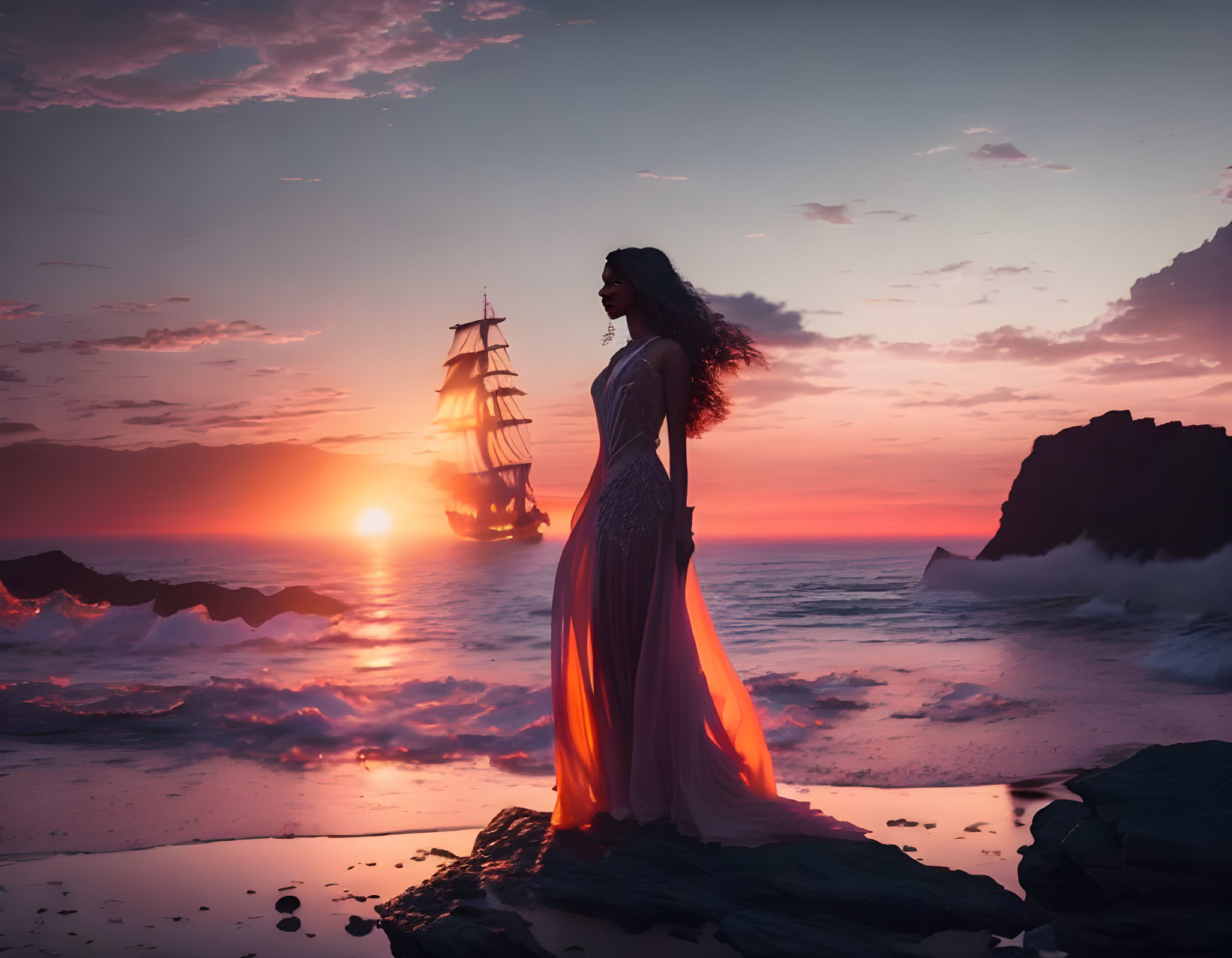 Woman in flowing dress watches ship at sunset on rocky shore