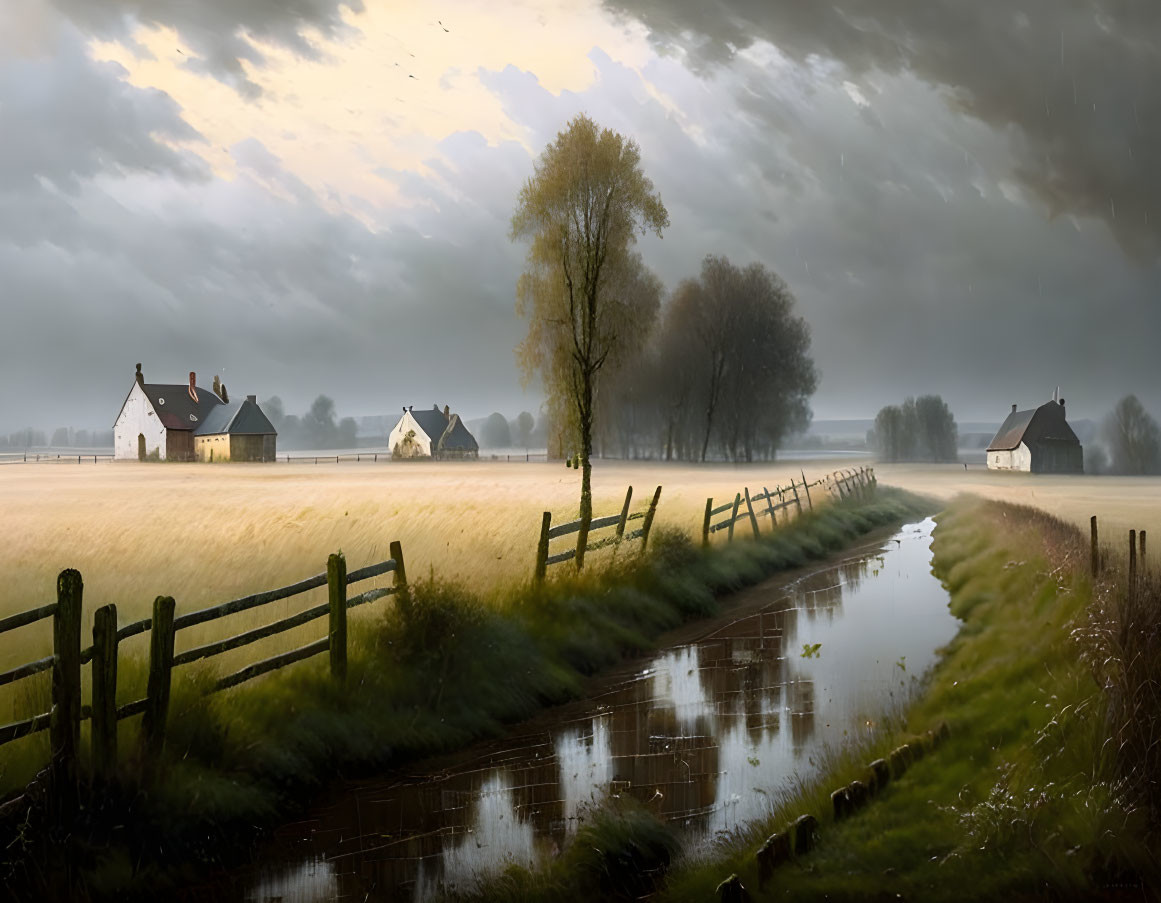 Traditional houses and wooden fence in rural landscape by canal under dramatic sky