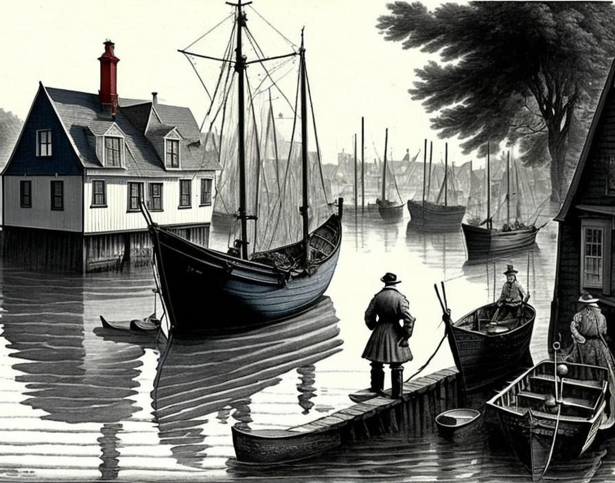 Serene harbor scene with boats, figure, and quaint buildings