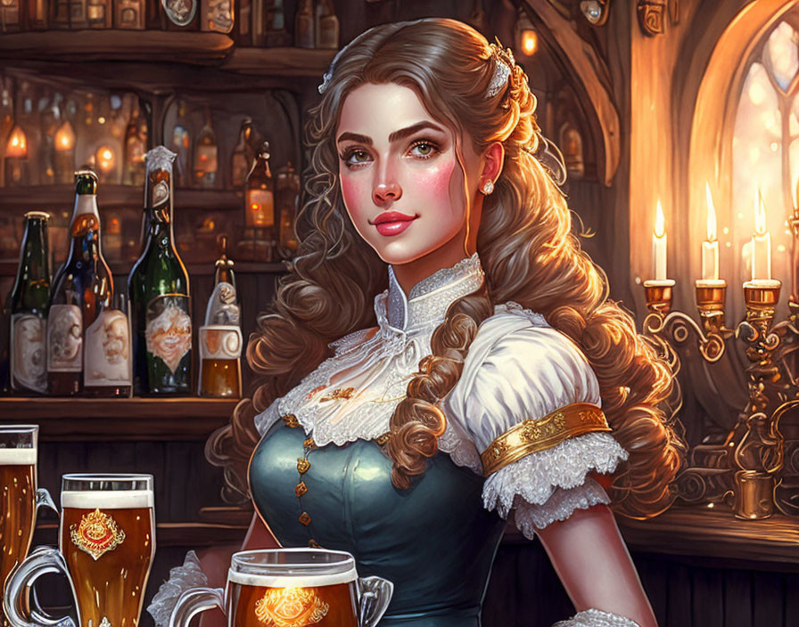 Vintage bar scene with woman and elaborate hair styling surrounded by candles and beer steins.