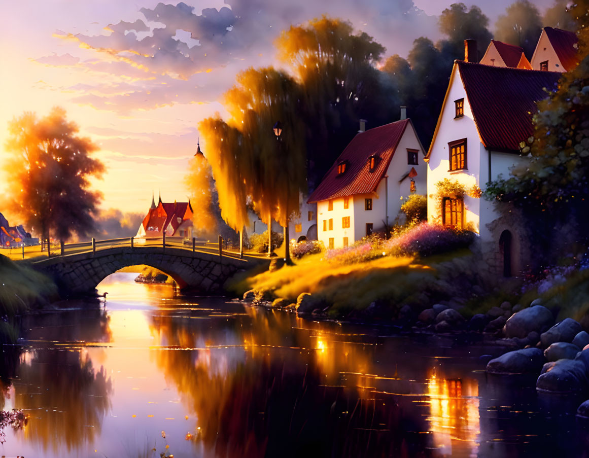 Traditional houses by river at sunset with stone bridge and blooming flowers