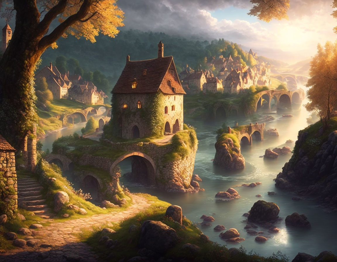 Medieval village with stone bridges, old house, and warm sunlight by river