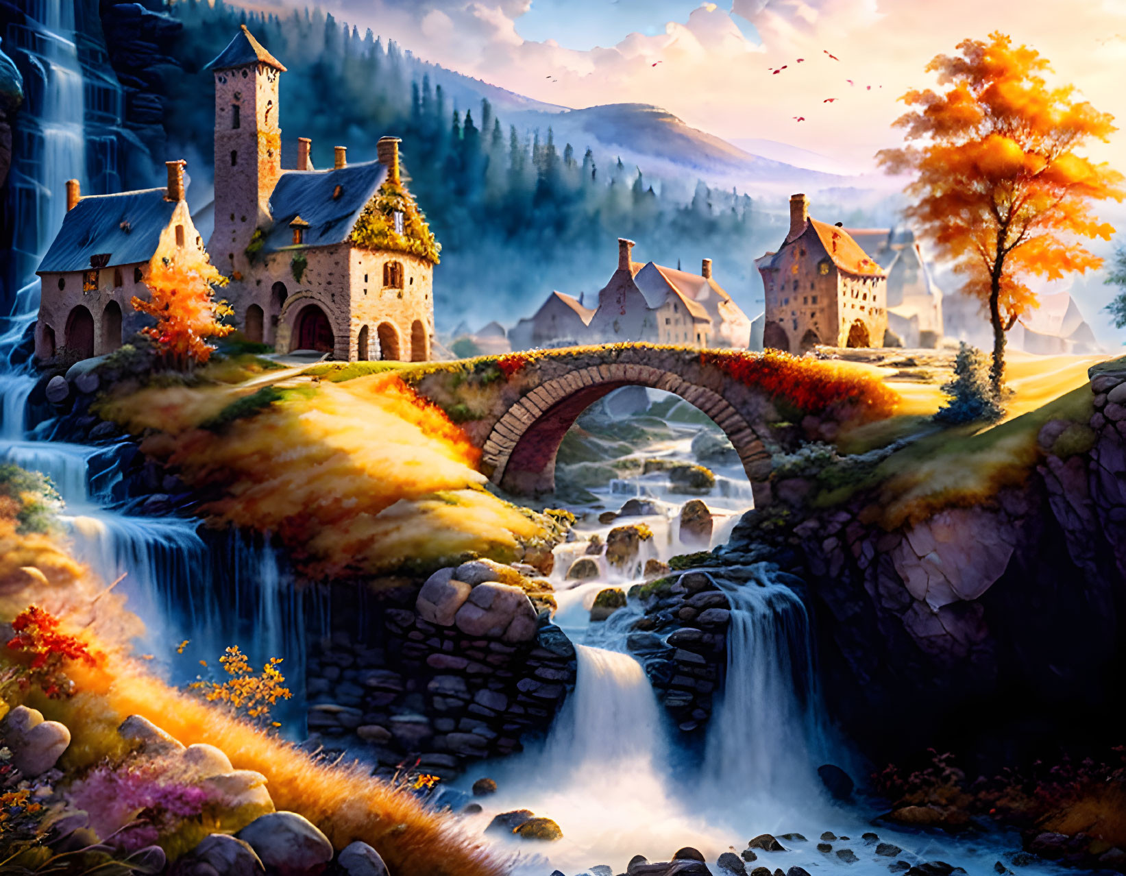 Medieval village with stone buildings, arched bridge, waterfall, autumn trees, golden sunset sky.