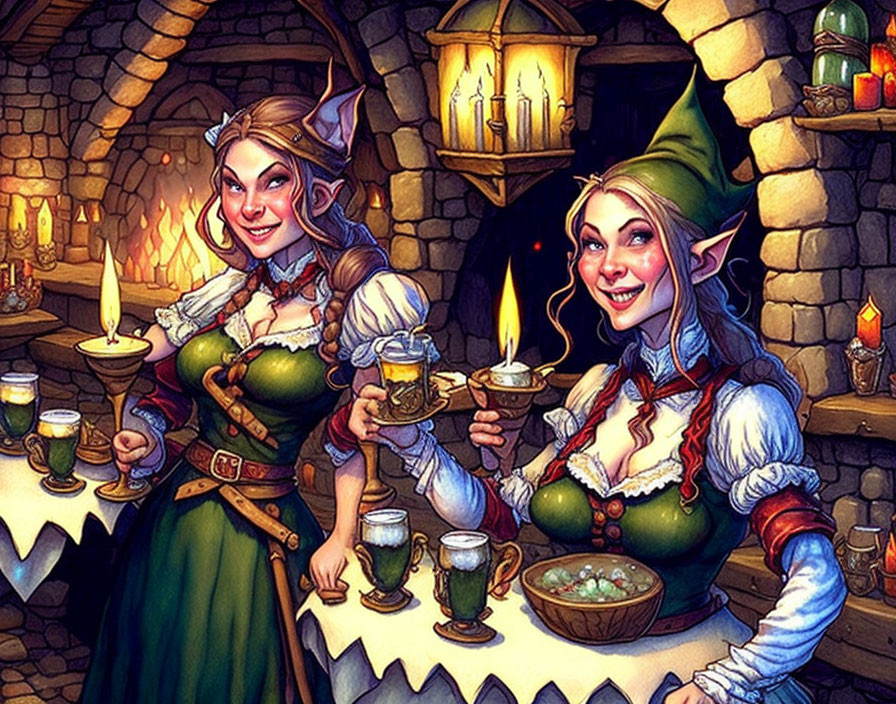 Smiling female elves in medieval tavern with lanterns and drinks