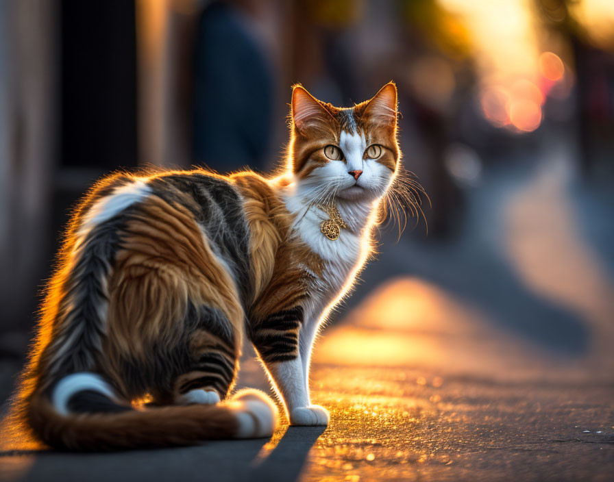 Calico Cat with Bell Collar on Cobblestone Street at Sunset