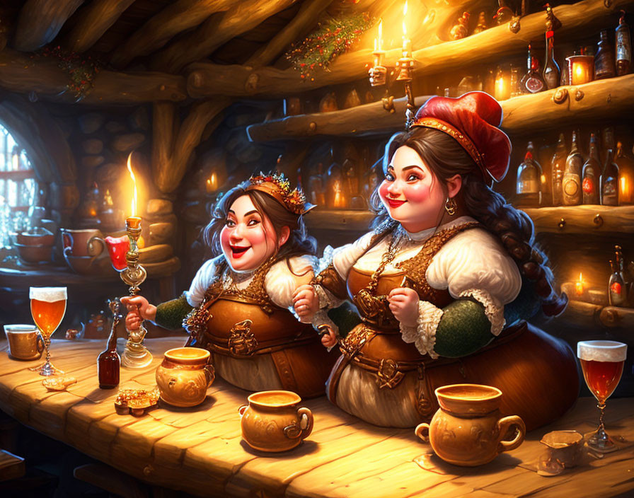 Animated characters in traditional attire toasting in cozy tavern