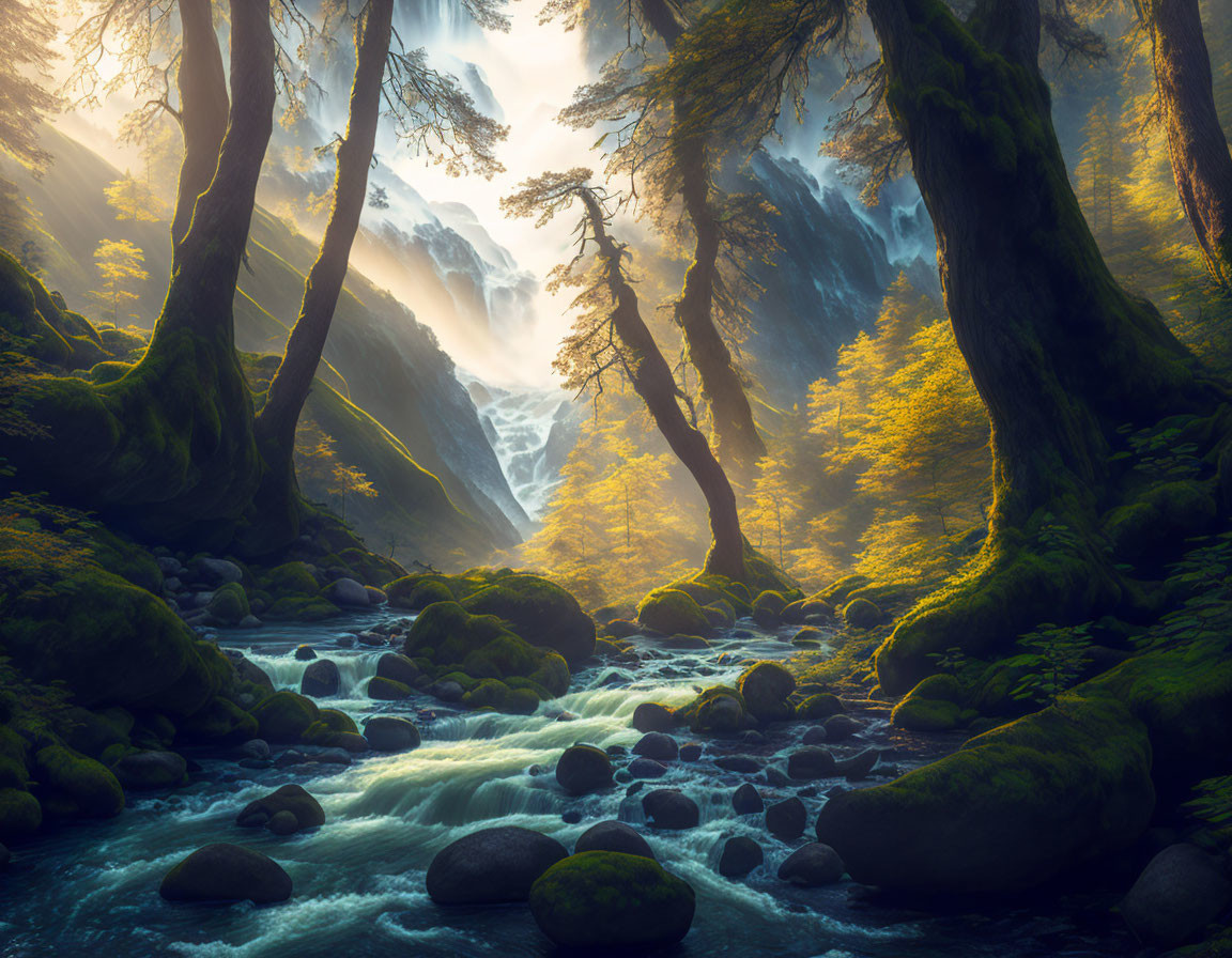 Tranquil forest landscape with sunlight, waterfall, and moss-covered stream