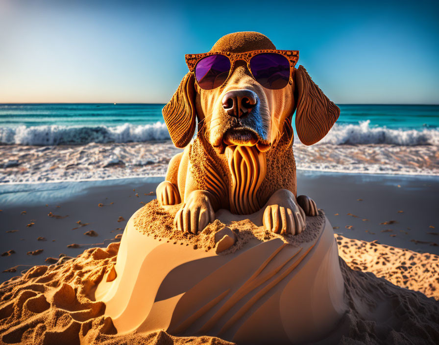 Dog in Sunglasses and Hat on Sandy Beach with Ocean Background